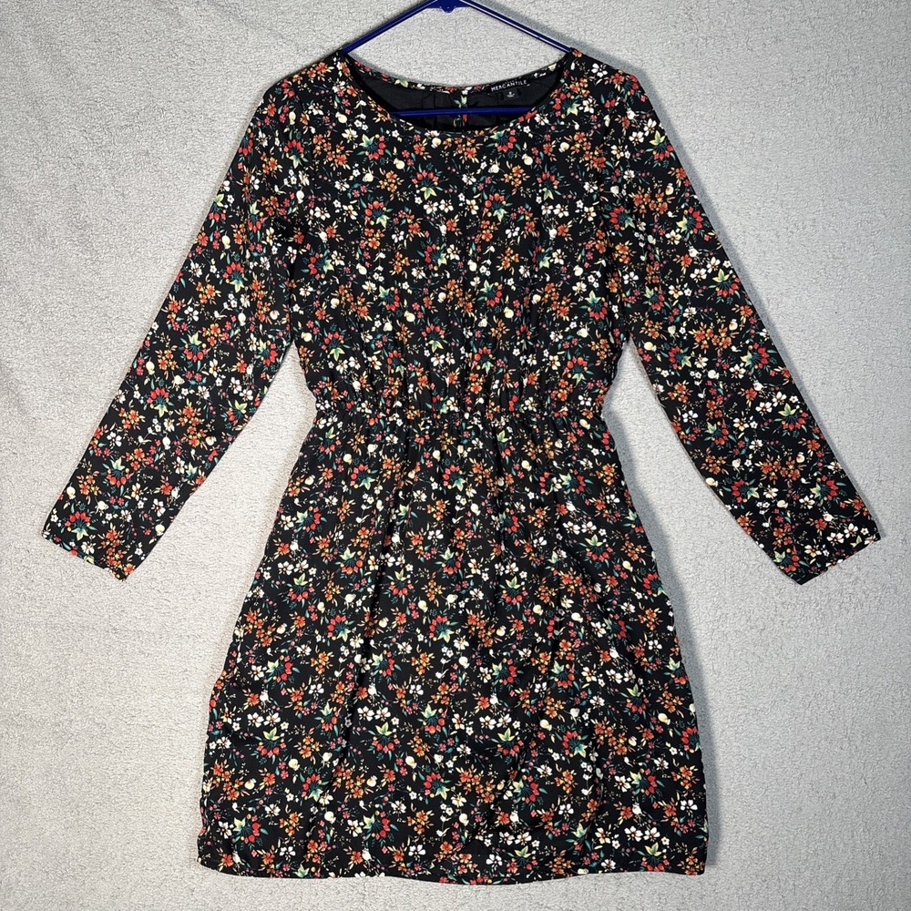 J Crew Mercantile Dress Womens Size 2 Black Floral Print Long Sleeve A Line
